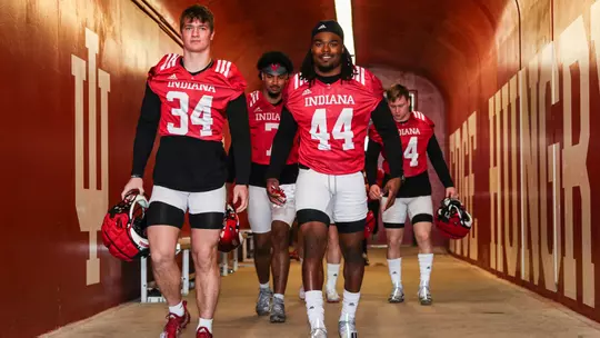 BLOOMINGTON, IN - March 04, 2023 - linebacker Jeff Utzinger #34 of the Indiana Hoosiers and linebacker Aaron Casey #44 of the Indiana Hoosiers during spring practice at Mellencamp Pavilion in Bloomington, IN. Photo By Trent Barnhart/Indiana Athletics
