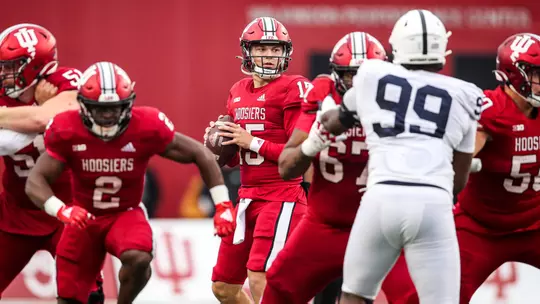 BLOOMINGTON, IN - NOVEMBER 05, 2022 - Brendan Sorsby during the game between the Penn Nittany Lions and the Indiana Hoosiers at Memorial Stadium in Bloomington, IN. Photo By Andrew Mascharka/Indiana Athletics