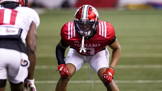 BLOOMINGTON, IN - March 23, 2023 - defensive back Jamier Johnson #9 of the Indiana Hoosiers during practice at Memorial Stadium in Bloomington, IN. Photo By Andrew Mascharka/Indiana Athletics