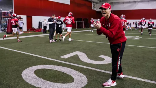 BLOOMINGTON, IN - March 23, 2023 - Indiana Hoosiers Co-Defensive Coordinator and Safeties Coach Matt Guerrieri during practice at Memorial Stadium in Bloomington, IN. Photo By Andrew Mascharka/Indiana Athletics