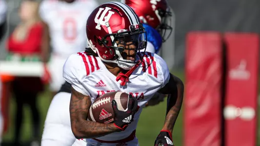 BLOOMINGTON, IN - April 11, 2023 - wide receiver Kamryn Perry #13 of the Indiana Hoosiers during practice at Memorial Stadium in Bloomington, IN. Photo By Andrew Mascharka/Indiana Athletics
