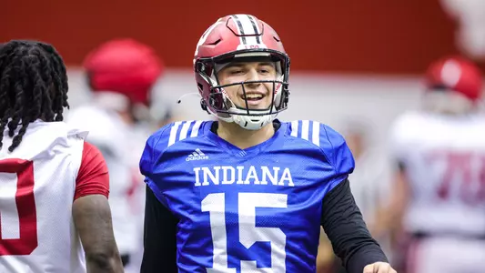 BLOOMINGTON, IN - April 01, 2023 - quarterback Brendan Sorsby # 15 of the Indiana Hoosiers during Spring Ball at Memorial Stadium in Bloomington, IN. Photo By Andrew Mascharka/Indiana Athletics