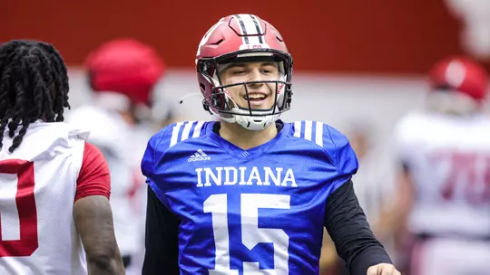 BLOOMINGTON, IN - April 01, 2023 - quarterback Brendan Sorsby # 15 of the Indiana Hoosiers during Spring Ball at Memorial Stadium in Bloomington, IN. Photo By Andrew Mascharka/Indiana Athletics