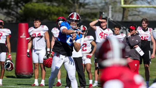BLOOMINGTON, IN - April 11, 2023 - quarterback Tayven Jackson #2 of the Indiana Hoosiers during practice at Memorial Stadium in Bloomington, IN. Photo By Andrew Mascharka/Indiana Athletics