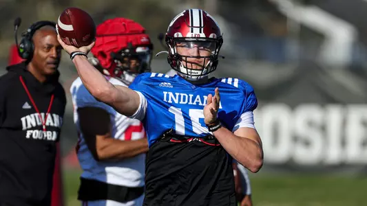 BLOOMINGTON, IN - April 11, 2023 - quarterback Brendan Sorsby # 15 of the Indiana Hoosiers during practice at Memorial Stadium in Bloomington, IN. Photo By Andrew Mascharka/Indiana Athletics