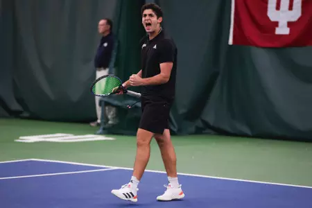 BLOOMINGTON, IN - April 16, 2023 - Sam Landau during the match between the Michigan State Spartans and the Indiana Hoosiers at IU Tennis Center in Bloomington, IN. Photo By Gretta Cohoon/Indiana Athletics