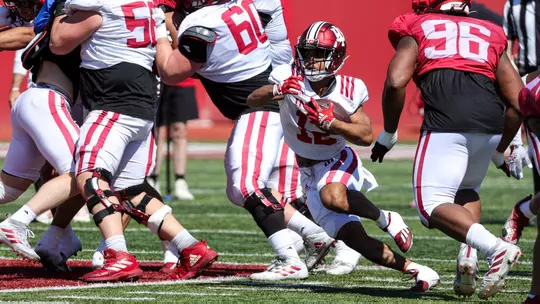 BLOOMINGTON, IN - April 15, 2023 - running back Jaylin Lucas #12 of the Indiana Hoosiers during practice at Memorial Stadium in Bloomington, IN. Photo By Andrew Mascharka/Indiana Athletics