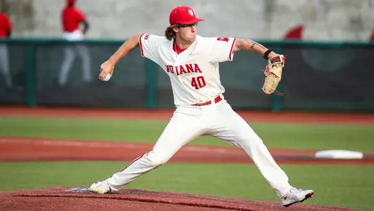 BLOOMINGTON, IN - April 18, 2023 - right-handed pitcher Ethan Phillips #40 of the Indiana Hoosiers during the game between the Louisville Cardinals and the Indiana Hoosiers at Bart Kaufman Field in Bloomington, IN. Photo By Gretta Cocoon/Indiana Athletics