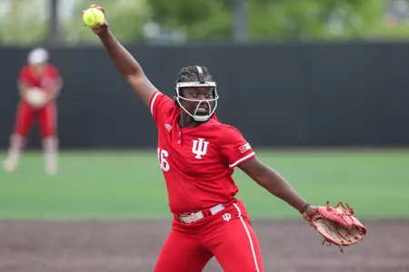 BLOOMINGTON, IN - April 21, 2023 - infield\pitcher Brianna Copeland #16 of the Indiana Hoosiers during the game between the Rutgers Scarlet Knights and the Indiana Hoosiers at the Rutgers Softball Complex in New Brunswick, NJ. Photo By Dalton Wainscott/Indiana Athletics