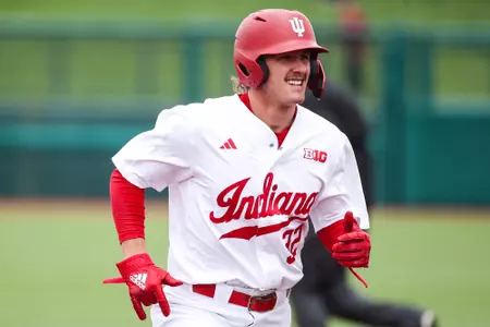 BLOOMINGTON, IN - April 22, 2023 - infielder/outfielder Josh Pyne #32 of the Indiana Hoosiers during the game between the Ohio University Bobcats and the Indiana Hoosiers at Bart Kaufman Field in Bloomington, IN. Photo By Gretta Cohoon/Indiana Athletics