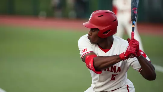 BLOOMINGTON, IN - April 18, 2023 - outfielder Devin Taylor #5 of the Indiana Hoosiers during the game between the Louisville Cardinals and the Indiana Hoosiers at Bart Kaufman Field in Bloomington, IN. Photo By Gretta Cocoon/Indiana Athletics