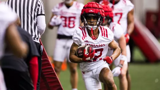 BLOOMINGTON, IN - March 07, 2023 - running back Jaylin Lucas #12 of the Indiana Hoosiers during Spring Camp at John Mellencamp Pavillion in Bloomington, IN. Photo By Andrew Mascharka/Indiana Athletics