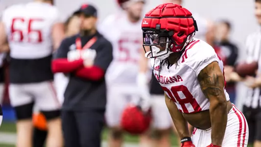 BLOOMINGTON, IN - March 07, 2023 - running back Christian Turner #28 of the Indiana Hoosiers during Spring Camp at John Mellencamp Pavillion in Bloomington, IN. Photo By Andrew Mascharka/Indiana Athletics