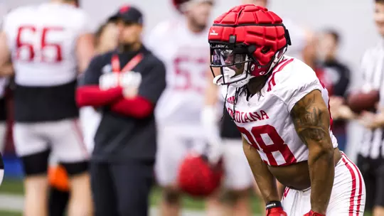 BLOOMINGTON, IN - March 07, 2023 - running back Christian Turner #28 of the Indiana Hoosiers during Spring Camp at John Mellencamp Pavillion in Bloomington, IN. Photo By Andrew Mascharka/Indiana Athletics