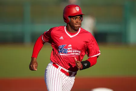 BLOOMINGTON, IN - March 28, 2023 - outfielder Devin Taylor #5 of the Indiana Hoosiers during the game between the Kent State Golden Flashes and the Indiana Hoosiers at Bart Kaufman Field in Bloomington, IN. Photo By Gracie Farrall\Indiana Athletics