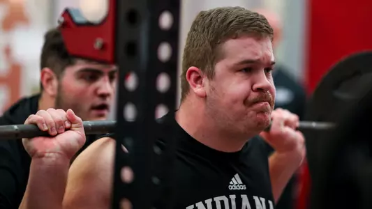 BLOOMINGTON, IN - February 17, 2023 - offensive lineman Mike Katic #56 of the Indiana Hoosiers during the lifts and the Indiana Hoosiers at Memorial Stadium in Bloomington, IN. Photo By Andrew Mascharka/Indiana Athletics