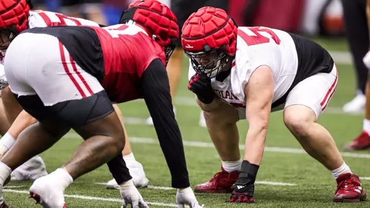 BLOOMINGTON, IN - March 07, 2023 - offensive lineman Mike Katic #56 of the Indiana Hoosiers during Spring Camp at John Mellencamp Pavillion in Bloomington, IN. Photo By Andrew Mascharka/Indiana Athletics
