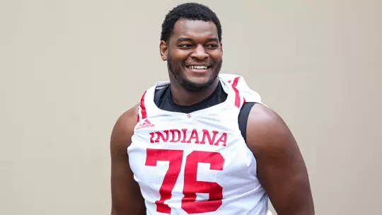 BLOOMINGTON, IN - March 23, 2023 - offensive lineman Matthew Bedford #76 of the Indiana Hoosiers during practice at Memorial Stadium in Bloomington, IN. Photo By Andrew Mascharka/Indiana Athletics