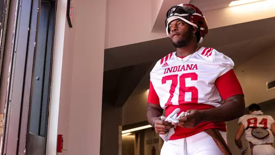 BLOOMINGTON, IN - April 08, 2023 - offensive lineman Matthew Bedford #76 of the Indiana Hoosiers during practice at Memorial Stadium in Bloomington, IN. Photo By Andrew Mascharka/Indiana Athletics