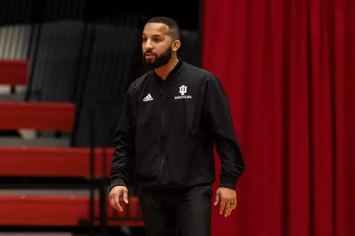 BLOOMINGTON, IN - February 05, 2023 - Head Coach Angel Escobedo during the meet between the Penn State Nittany Lions and the Indiana Hoosiers at Wilkinson Hall in Bloomington, IN. Photo By Dalton Wainscott/Indiana Athletics