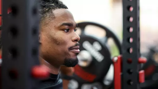 BLOOMINGTON, IN - January 18, 2023 - linebacker Aaron Casey #44 of the Indiana Hoosiers during lift at Memorial Stadium in Bloomington, IN. Photo By Andrew Mascharka/Indiana Athletics