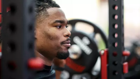 BLOOMINGTON, IN - January 18, 2023 - linebacker Aaron Casey #44 of the Indiana Hoosiers during lift at Memorial Stadium in Bloomington, IN. Photo By Andrew Mascharka/Indiana Athletics
