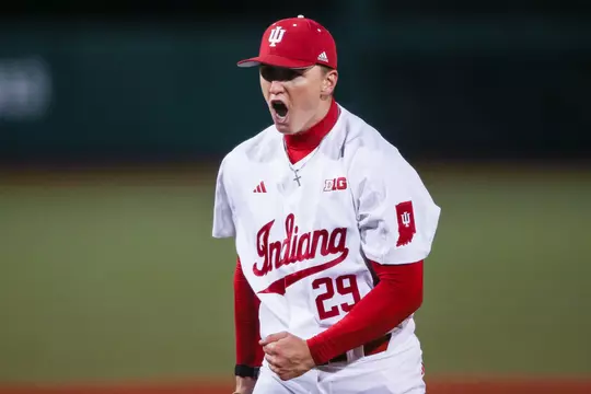 BLOOMINGTON, IN - MARCH 10, 2023 - left-handed pitcher/outfielder Ryan Kraft #29 of the Indiana Hoosiers during the game between the Bellarmine Knights and the Indiana Hoosiers at Bart Kaufman Field in Bloomington, IN. Photo By Pearson Georges\Indiana Athletics