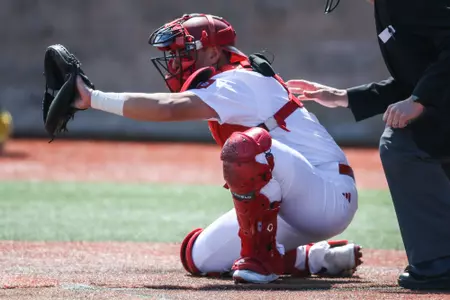 BLOOMINGTON, IN - APRIL 08, 2023 - catcher Peter Serruto #6 of the Indiana Hoosiers during the game between the Iowa Hawkeyes and the Indiana Hoosiers at Bart Kaufman Field in Bloomington, IN. Photo By Pearson Georges/Indiana Athletics