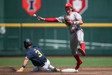 BLOOMINGTON, IN - May 26, 2023 - infielder Phillip Glasser #1 of the Indiana Hoosiers during the game between the Michigan Wolverines and the Indiana Hoosiers at Charles Schwab Field in Omaha, NE. Photo By Chris Conaway/Indiana Athletics