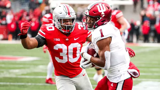 COLUMBUS, OH - November 12, 2022 - wide receiver Donaven McCulley #1 of the Indiana Hoosiers during the game between the Ohio State Buckeyes and the Indiana Hoosiers at Memorial Stadium in Columbus, Ohio. Photo By Andrew Mascharka/Indiana Athletics