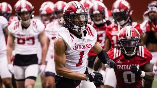 BLOOMINGTON, IN - March 07, 2023 - wide receiver Donaven McCulley #1 of the Indiana Hoosiers during Spring Camp at John Mellencamp Pavillion in Bloomington, IN. Photo By Rachel Gillam/Indiana Athletics