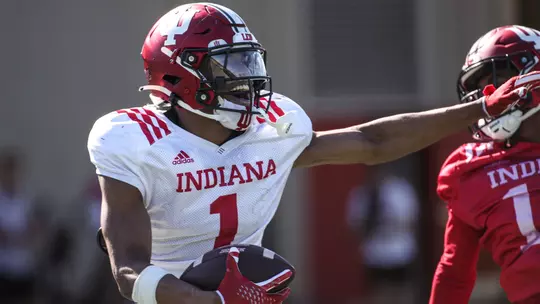 BLOOMINGTON, IN - April 13, 2023 - wide receiver Donaven McCulley #1 of the Indiana Hoosiers during practice at Memorial Stadium in Bloomington, IN. Photo By Rachel Gillam/Indiana Athletics