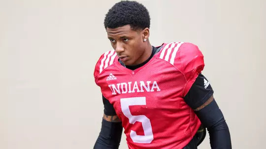 BLOOMINGTON, IN - March 23, 2023 - defensive back Kobee Minor #5 of the Indiana Hoosiers during practice at Memorial Stadium in Bloomington, IN. Photo By Andrew Mascharka/Indiana Athletics