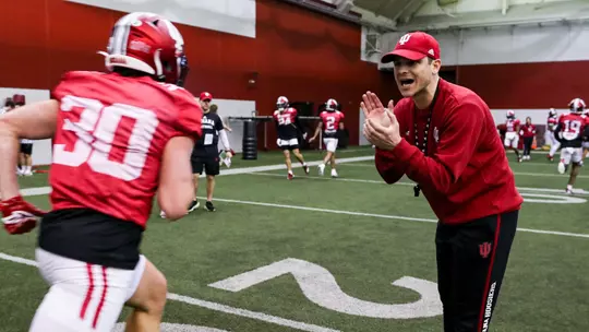 BLOOMINGTON, IN - March 23, 2023 - Indiana Hoosiers Co-Defensive Coordinator and Safeties Coach Matt Guerrieri during practice at Memorial Stadium in Bloomington, IN. Photo By Andrew Mascharka/Indiana Athletics