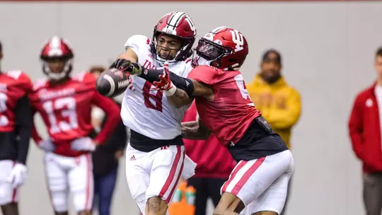 BLOOMINGTON, IN - April 01, 2023 - wide receiver Jaquez Smith #8 of the Indiana Hoosiers and defensive back Kobee Minor #5 of the Indiana Hoosiers during Spring Ball at Memorial Stadium in Bloomington, IN. Photo By Andrew Mascharka/Indiana Athletics