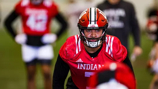 BLOOMINGTON, IN - March 04, 2023 - linebacker Jacob Mangum-Farrar #7 of the Indiana Hoosiers during practice at Memorial Stadium in Bloomington, IN. Photo By Gracie Farrall/Indiana Athletics