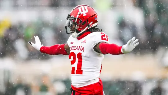 BLOOMINGTON, IN - November 19, 2022 - defensive back Noah Pierre #21 of the Indiana Hoosiers during the game between the Michigan State Spartans and the Indiana Hoosiers at Spartan Stadium in East Lansing, MI. Photo By Gracie Farrall\Indiana Athletics