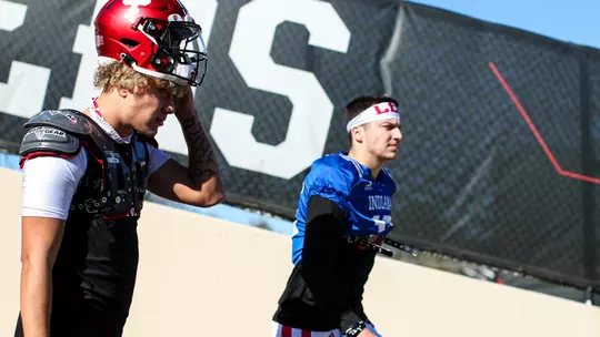 BLOOMINGTON, IN - April 01, 2023 - quarterback Tayven Jackson #2 of the Indiana Hoosiers during Spring Ball at Memorial Stadium in Bloomington, IN. Photo By Andrew Mascharka/Indiana Athletics