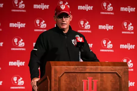 BLOOMINGTON, IN - OCTOBER 11, 2021 - Indiana Hoosiers Head Coach Tom Allen during a weekly press conference at Henke Hall in Bloomington, IN. Photo By Andrew Mascharka/Indiana Athletics