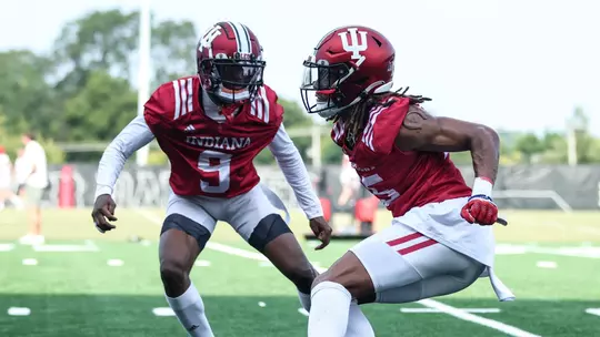 BLOOMINGTON, IN - August 11, 2023 - defensive back Jamier Johnson #9 of the Indiana Hoosiers and defensive back Nic Toomer #15 of the Indiana Hoosiers during Fall Camp at John Mellencamp Pavillion in Bloomington, IN. Photo By Gretta Cohoon/Indiana Athletics