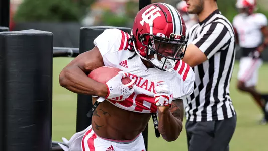 BLOOMINGTON, IN - August 15, 2023 - running back Christian Turner #28 of the Indiana Hoosiers during Fall Camp at John Mellencamp Pavillion in Bloomington, IN. Photo By Andrew Mascharka/Indiana Athletics