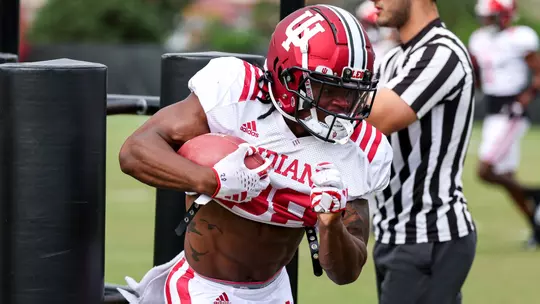 BLOOMINGTON, IN - August 15, 2023 - running back Christian Turner #28 of the Indiana Hoosiers during Fall Camp at John Mellencamp Pavillion in Bloomington, IN. Photo By Andrew Mascharka/Indiana Athletics