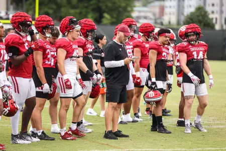 BLOOMINGTON, IN - August 07, 2023 - Indiana Hoosiers Defensive Coordinator and Linebackers Coach Chad Wilt during Fall Camp at John Mellencamp Pavillion in Bloomington, IN. Photo By Andrew Mascharka/Indiana Athletics