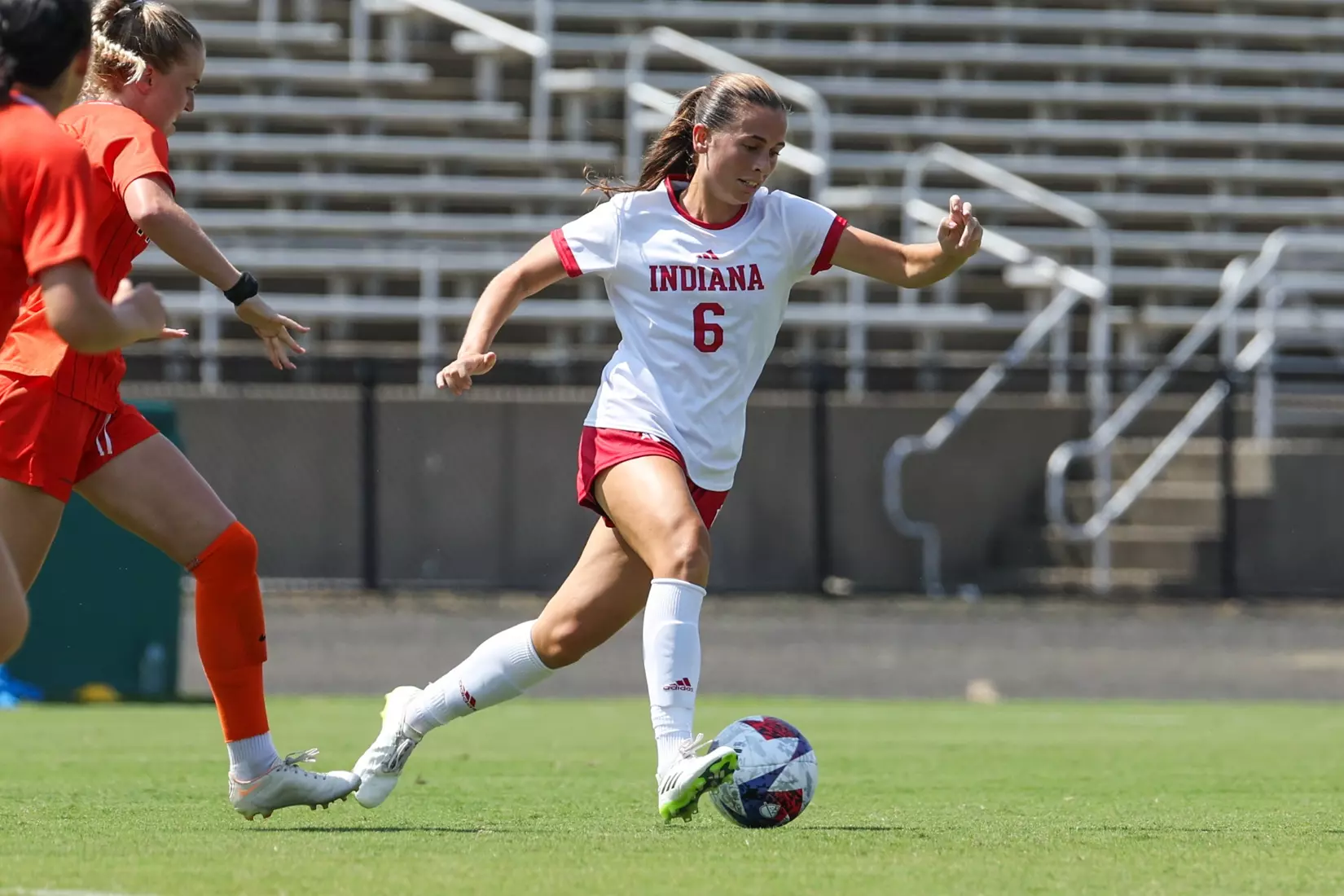 BLOOMINGTON, IN - AUGUST 20, 2023 - midfielder Sydney Masur #6 of the Indiana Hoosiers during the game between the Virginia Tech Hokies and the Indiana Hoosiers at Bill Armstrong Stadium in Bloomington, IN. Photo By Pearson Georges/Indiana Athletics