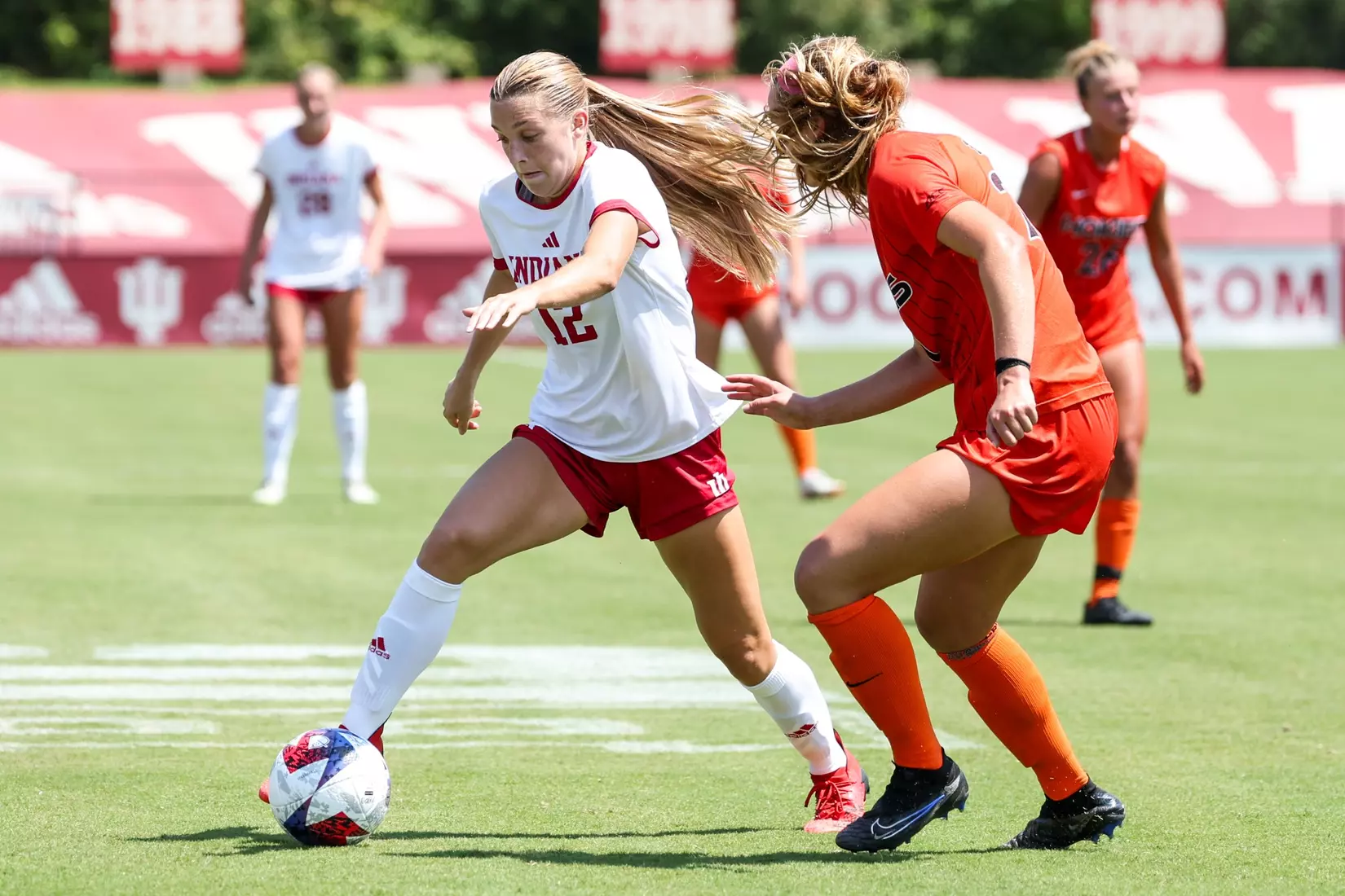 BLOOMINGTON, IN - AUGUST 20, 2023 - forward Marisa Grzesiak #12 of the Indiana Hoosiers during the game between the Virginia Tech Hokies and the Indiana Hoosiers at Bill Armstrong Stadium in Bloomington, IN. Photo By Pearson Georges/Indiana Athletics
