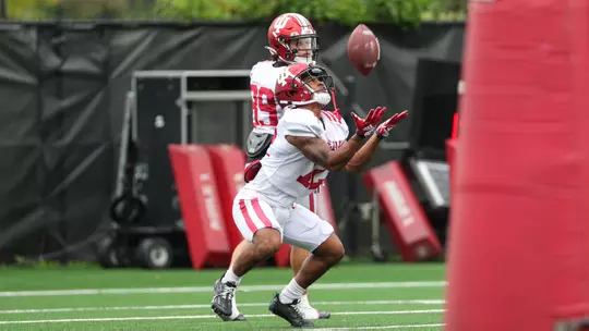 BLOOMINGTON, IN - August 10, 2023 - running back Jaylin Lucas #12 of the Indiana Hoosiers during Fall Camp Day 7 at Memorial Stadium in Bloomington, IN. Photo By Dalton Wainscott/Indiana Athletics