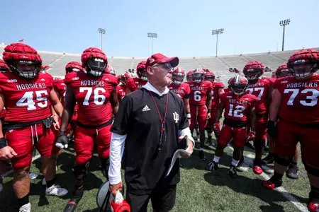 BLOOMINGTON, IN - August 19, 2023 - Indiana Hoosiers Head Coach Tom Allen during Fall Camp at John Mellencamp Pavillion in Bloomington, IN. Photo By Andrew Mascharka/Indiana Athletics