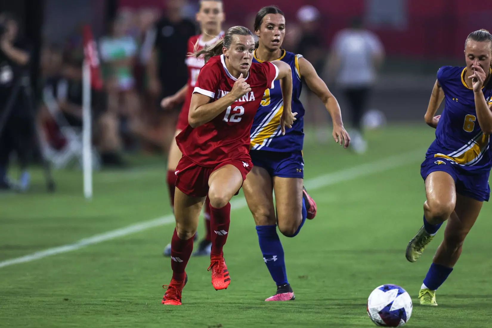 BLOOMINGTON, IN - AUGUST 24, 2023 - forward Marisa Grzesiak #12 of the Indiana Hoosiers during the game between the Morehead State Eagles and the Indiana Hoosiers at Bill Armstrong Stadium in Bloomington, IN. Photo By Gretta Cohoon/Indiana Athletics