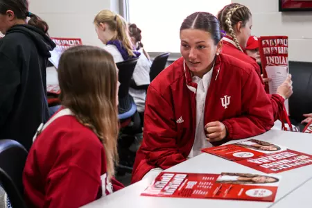 BLOOMINGTON, IN - April 02, 2023 - pitcher\infield Heather Johnson #17 of the Indiana Hoosiers during Lil’ Sis day at the game between the Ohio State Buckeyes and the Indiana Hoosiers at Andy Mohr Field in Bloomington, IN. Photo By Rachel Gillam/Indiana Athletics