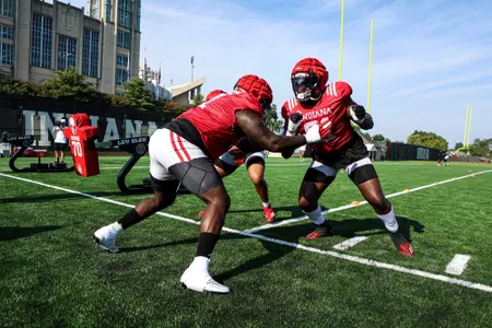 BLOOMINGTON, IN - August 04, 2023 - defensive lineman LeDarrius Cox #91 of the Indiana Hoosiers during Fall Camp at John Mellencamp Pavillion in Bloomington, IN. Photo By Andrew Mascharka/Indiana Athletics